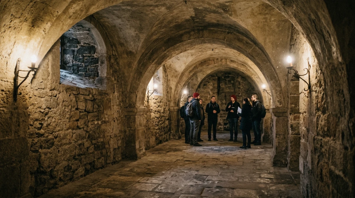 Romanesque vaults in the medieval underground of Prague's Old Town, entered on an underground ghost tour in Prague